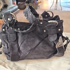 Roxy Black Suede Shoulder Bag with Braided Handles